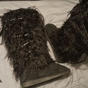 NWOT Suede Furry Tie Knee High Boots